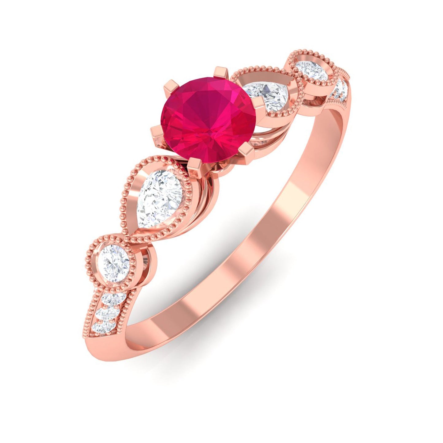 Genuine Ruby Vintage Inspired Engagement Ring with Diamond