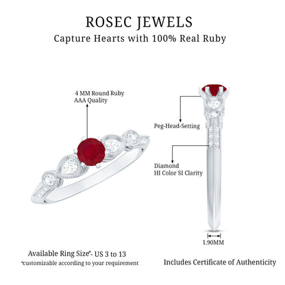 Genuine Ruby Vintage Inspired Engagement Ring with Diamond