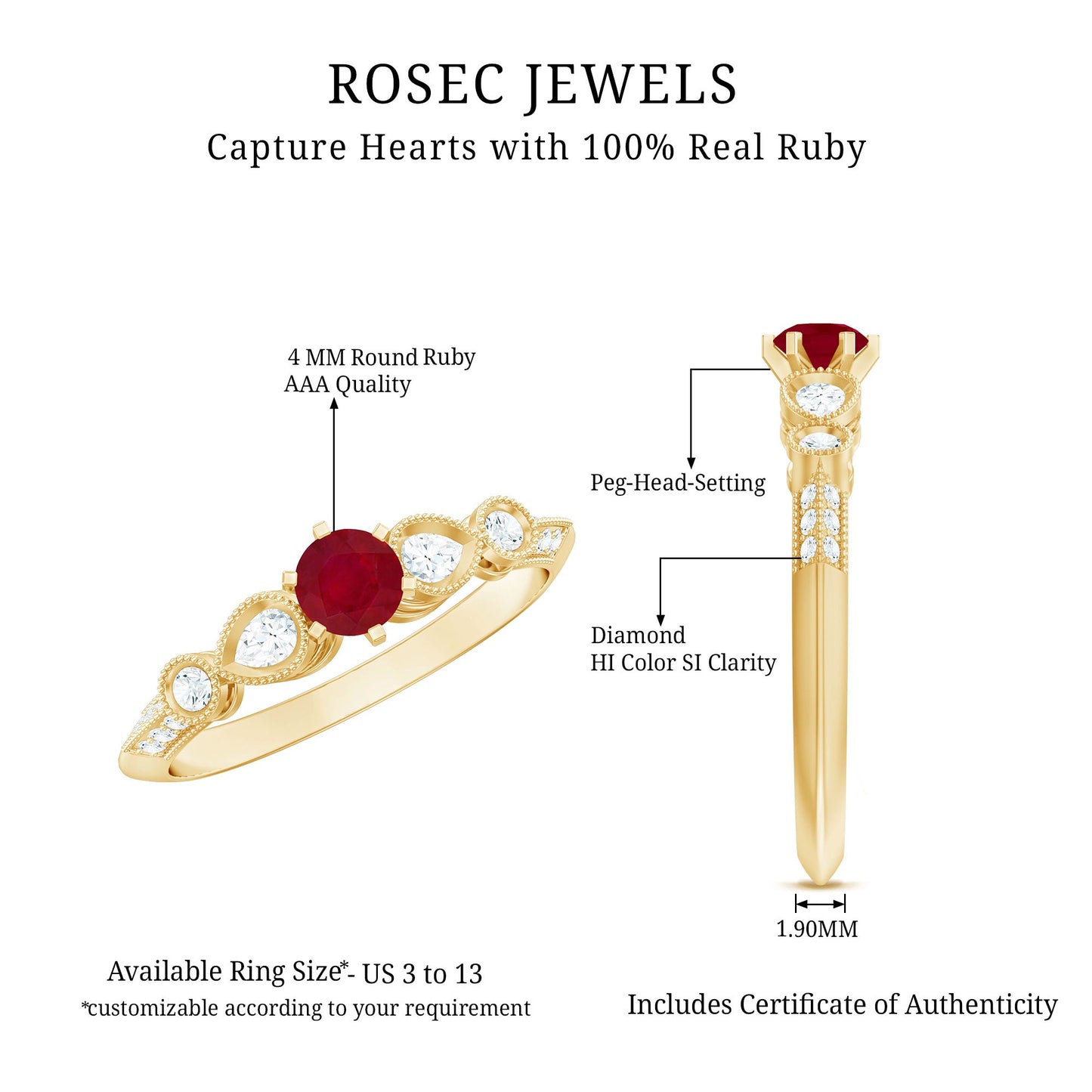 Genuine Ruby Vintage Inspired Engagement Ring with Diamond