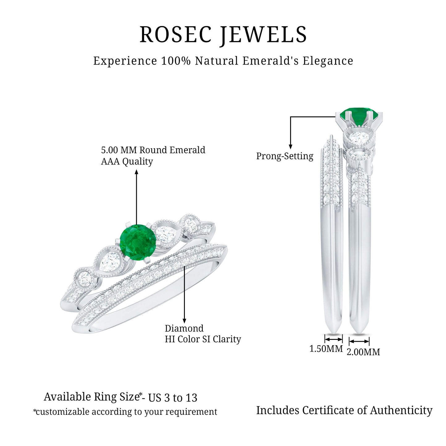 Vintage Inspired Emerald Wedding Bridal Ring Set with Diamond