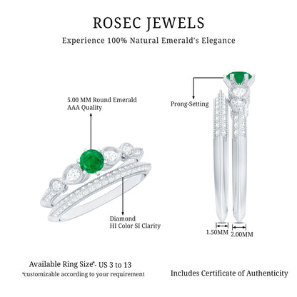 Vintage Inspired Emerald Wedding Bridal Ring Set with Diamond
