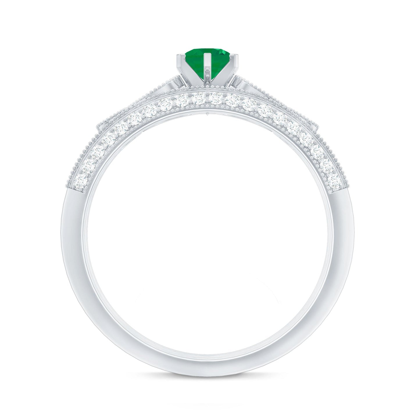 Vintage Inspired Emerald Wedding Bridal Ring Set with Diamond