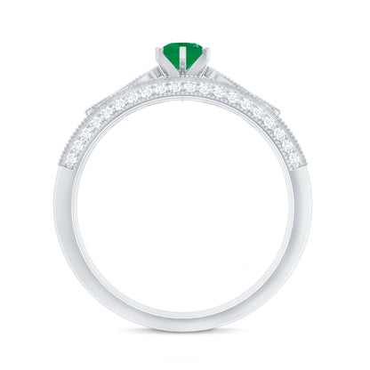 Vintage Inspired Emerald Wedding Bridal Ring Set with Diamond