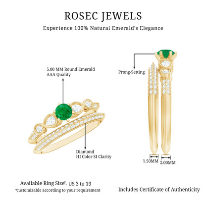 Vintage Inspired Emerald Wedding Bridal Ring Set with Diamond