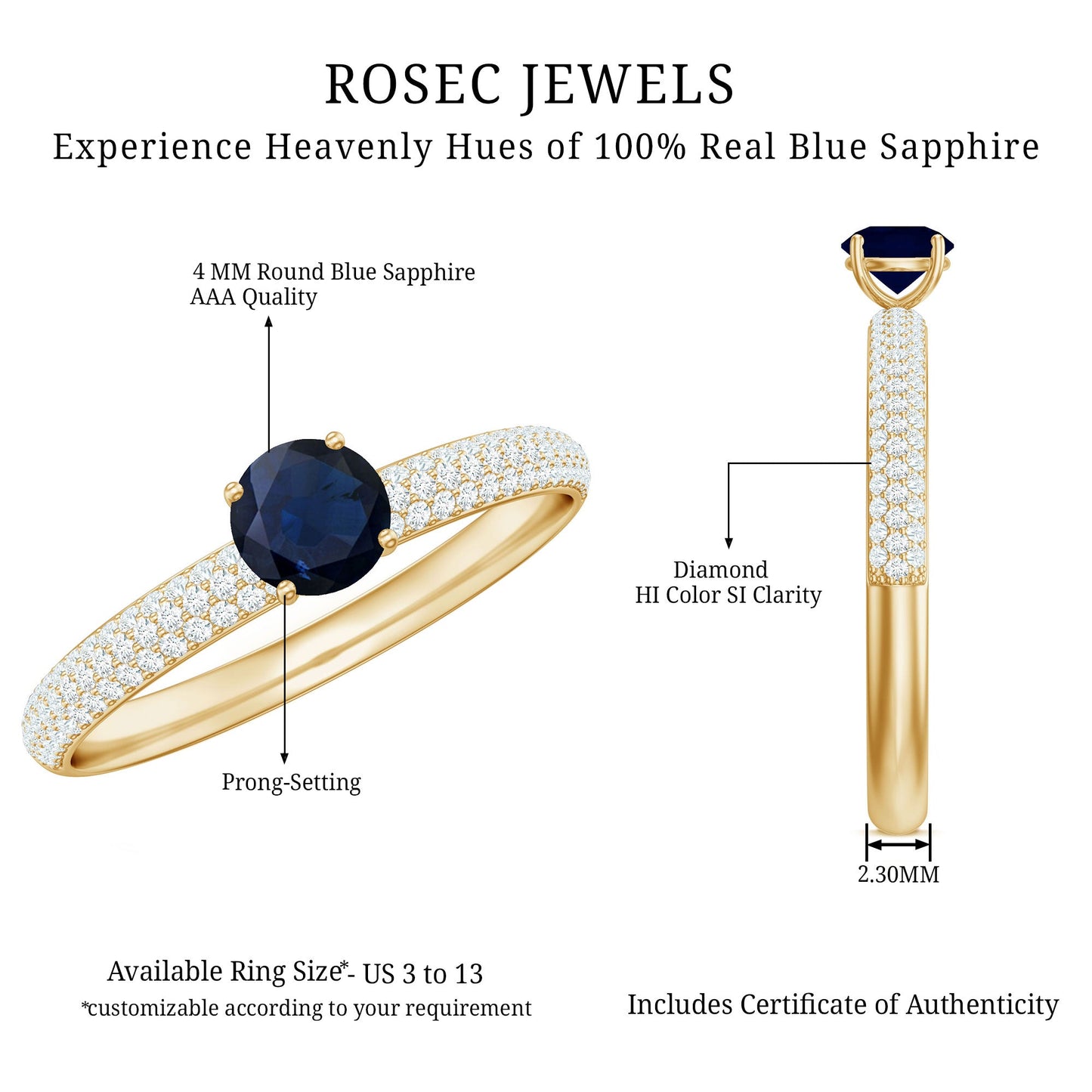 Genuine Blue Sapphire and Diamond Side Stone Engagement Ring
