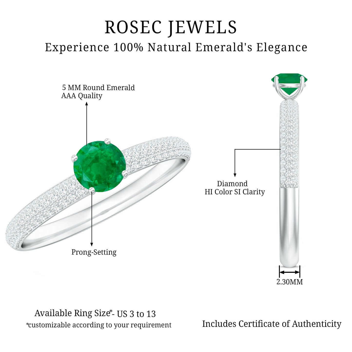 Classic Emerald Solitaire Engagement Ring with Real Diamond Side Stones