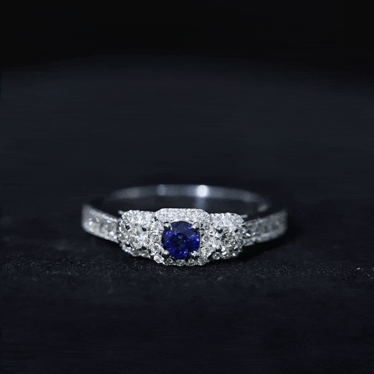 Vintage Inspired Blue Sapphire 3 Stone Engagement Ring with Diamond
