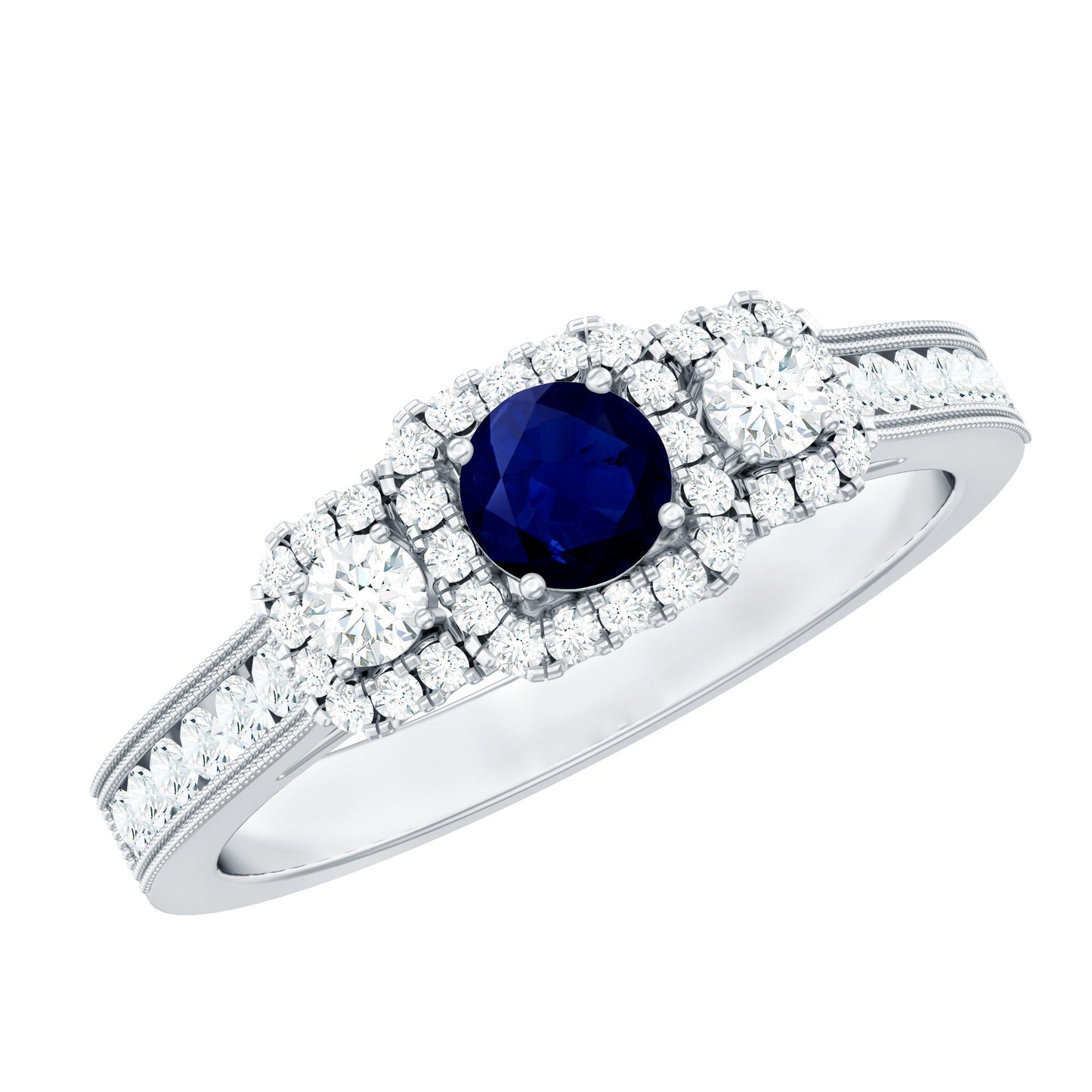 Vintage Inspired Blue Sapphire 3 Stone Engagement Ring with Diamond