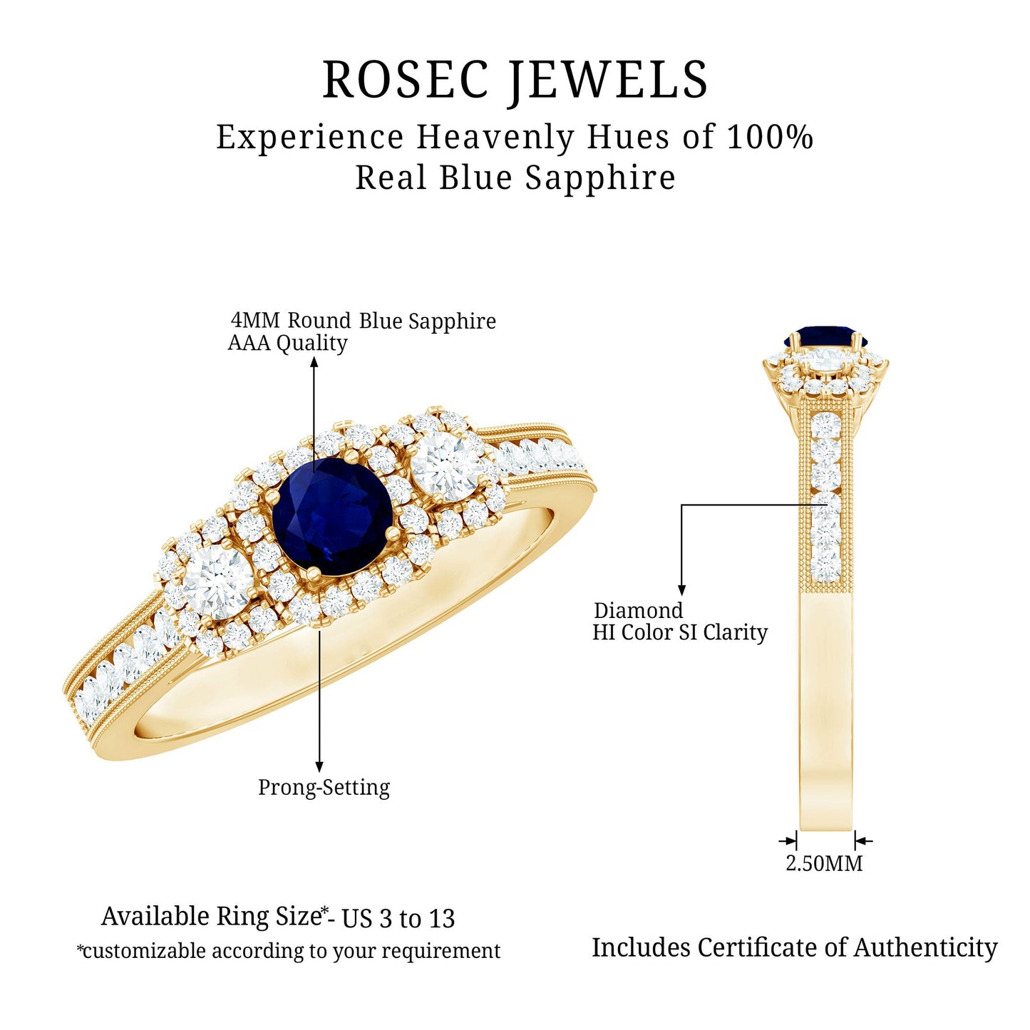 Vintage Inspired Blue Sapphire 3 Stone Engagement Ring with Diamond