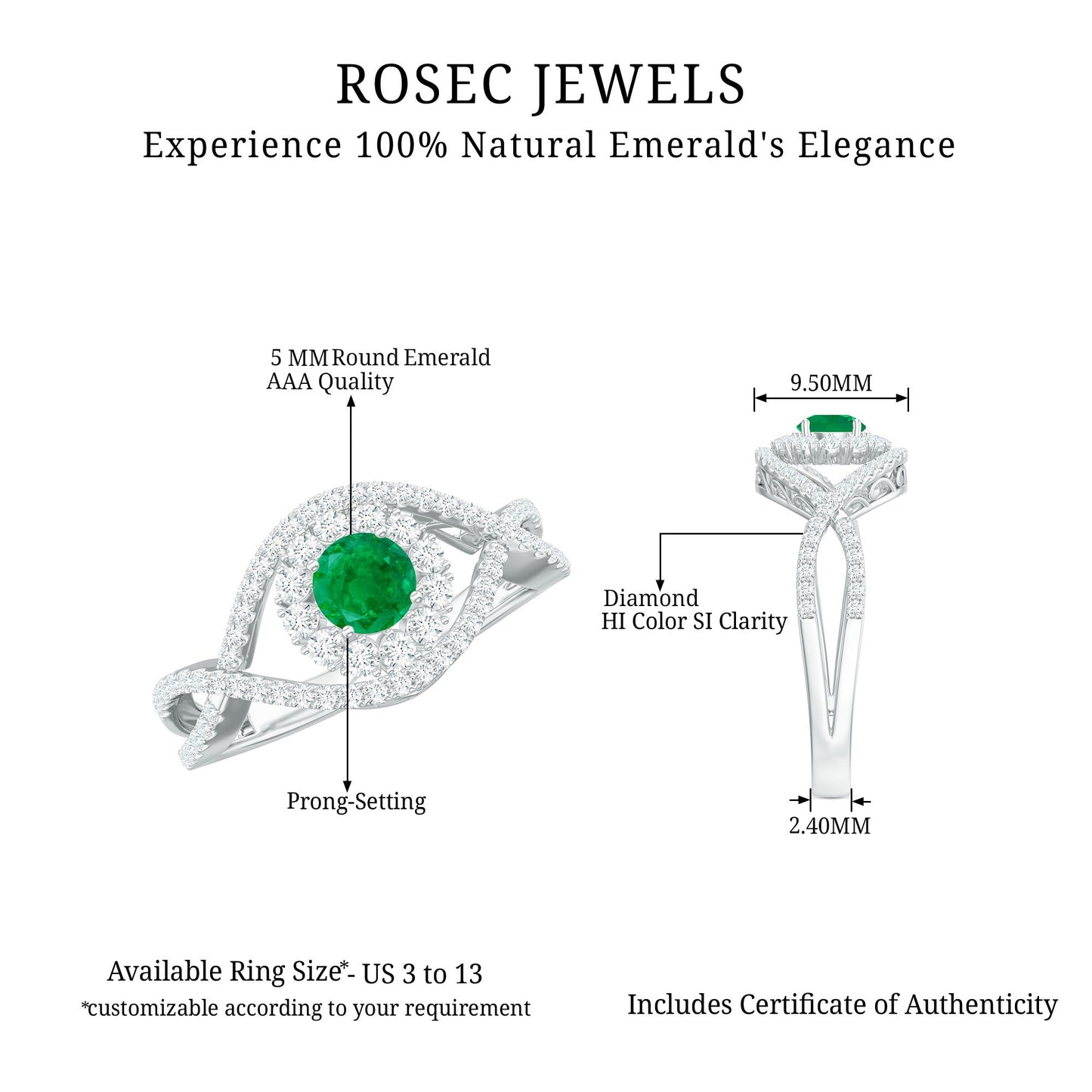 Natural Emerald Engagement Ring with Diamond Crossover Shank
