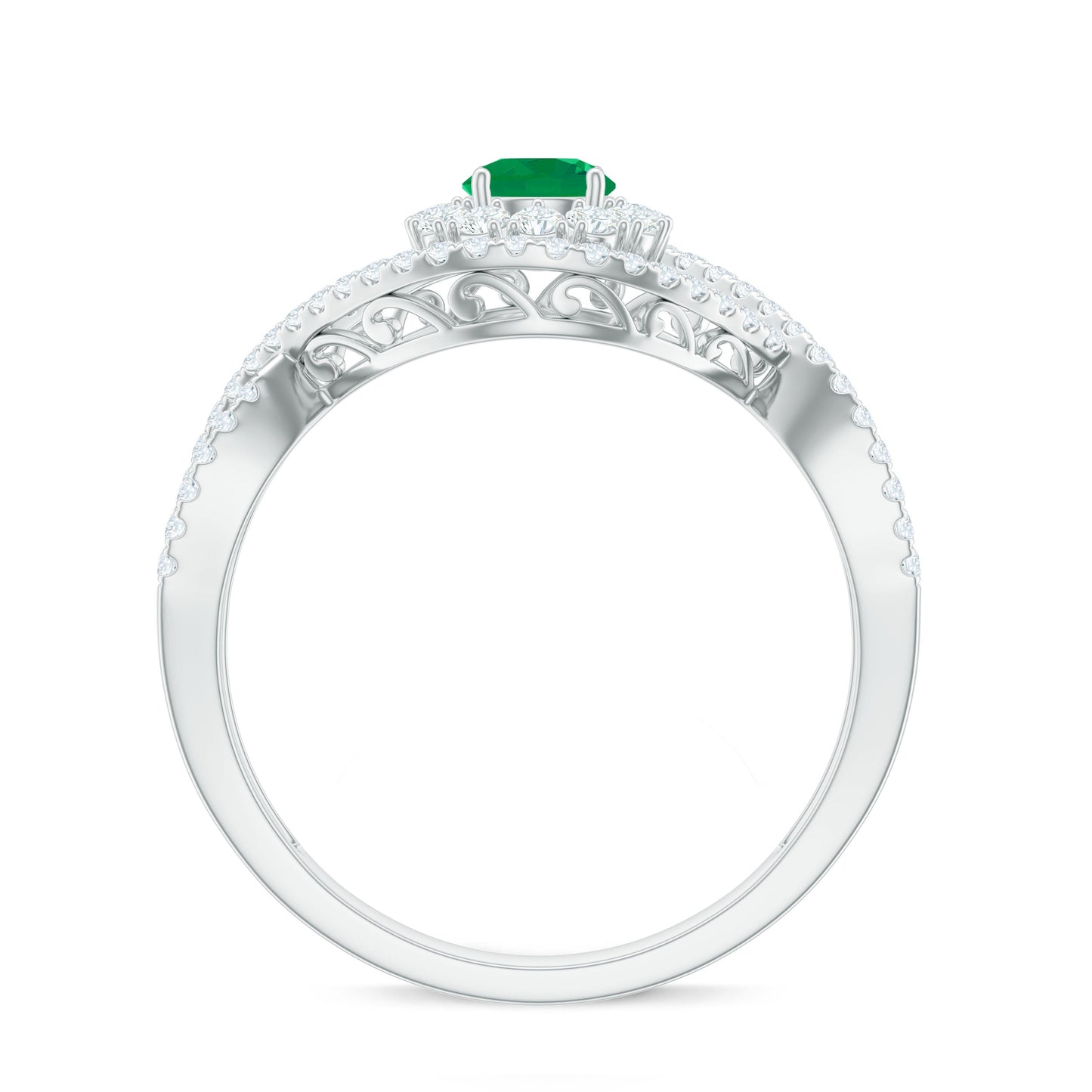 Natural Emerald Engagement Ring with Diamond Crossover Shank