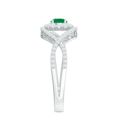 Natural Emerald Engagement Ring with Diamond Crossover Shank
