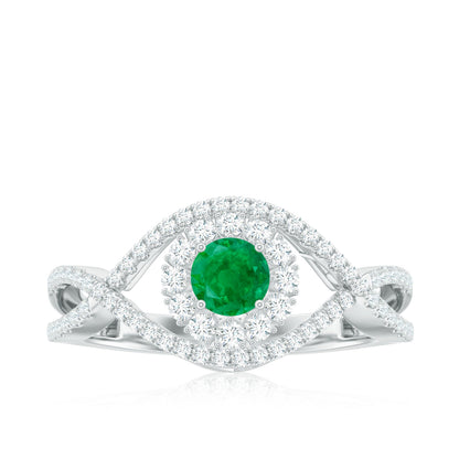 Natural Emerald Engagement Ring with Diamond Crossover Shank