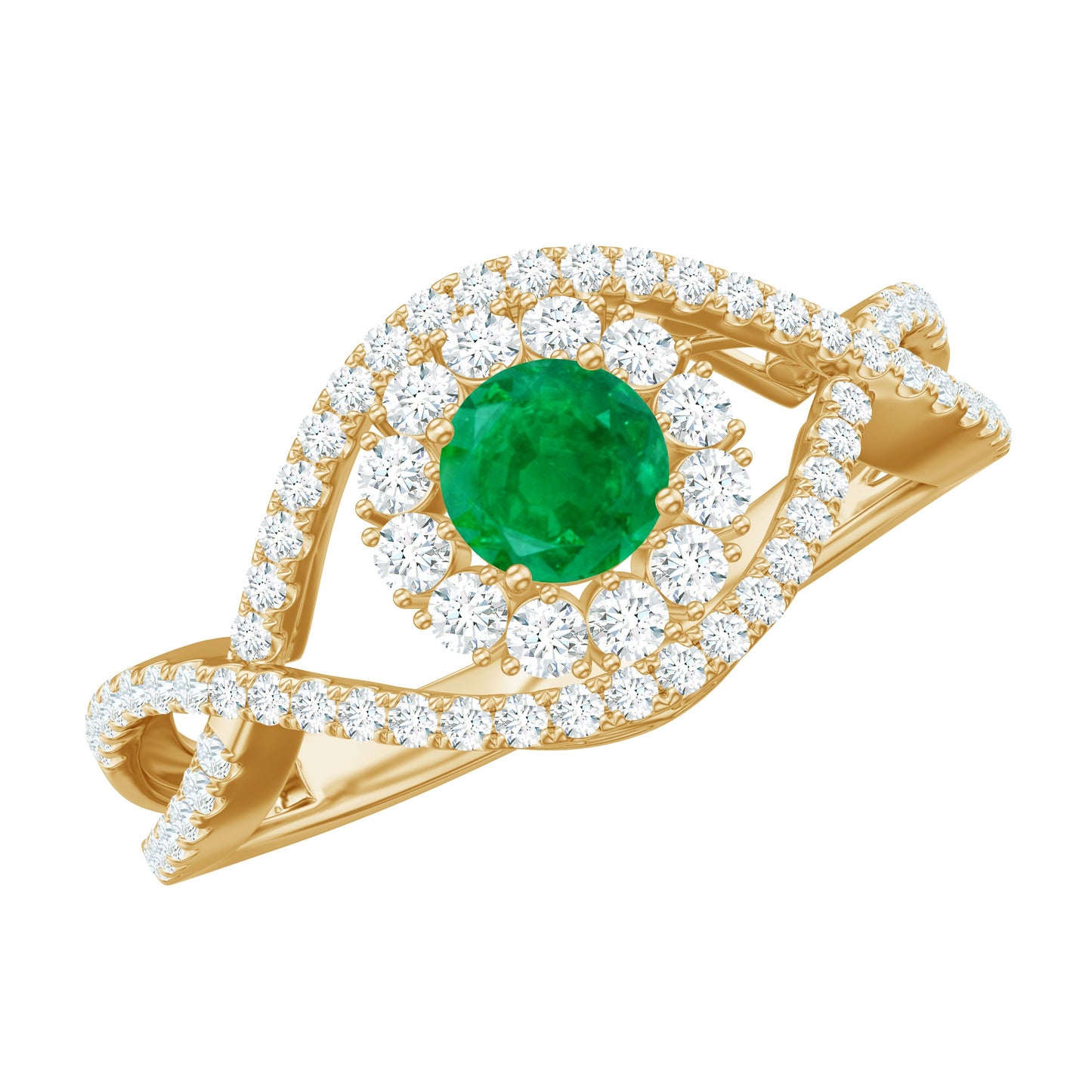 Natural Emerald Engagement Ring with Diamond Crossover Shank