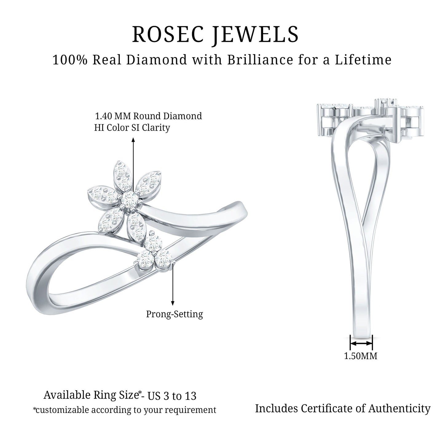 Diamond Floral Ring with Curved Shank