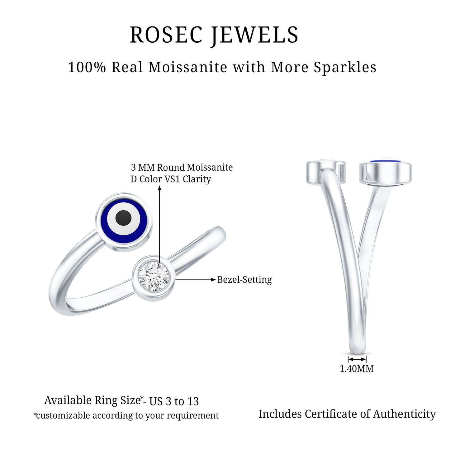 Bezel Set Moissanite and Enameled Evil Eye Ring