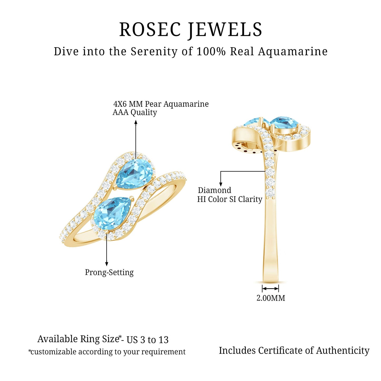 Genuine Aquamarine Two Stone Engagement Ring with Diamond