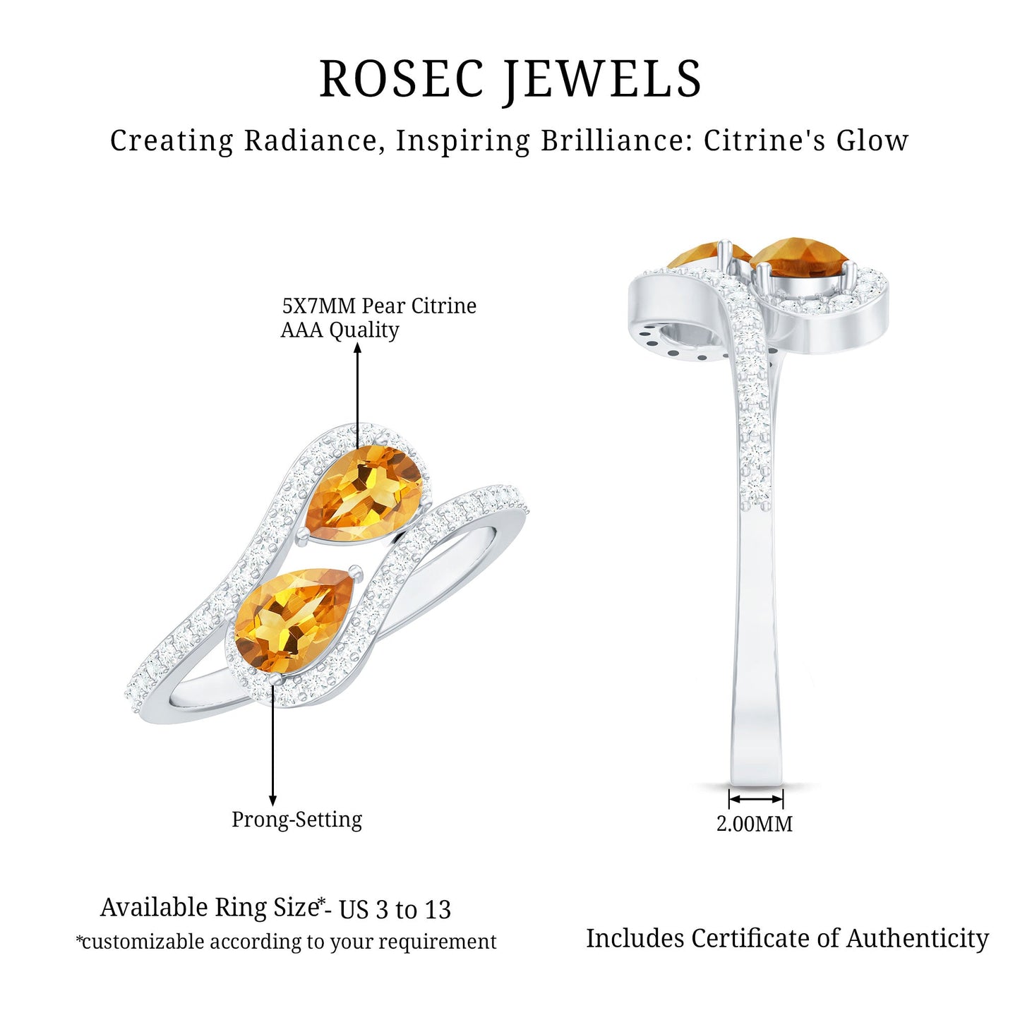Pear Shape Citrine Two Stone Engagement Ring with Diamond