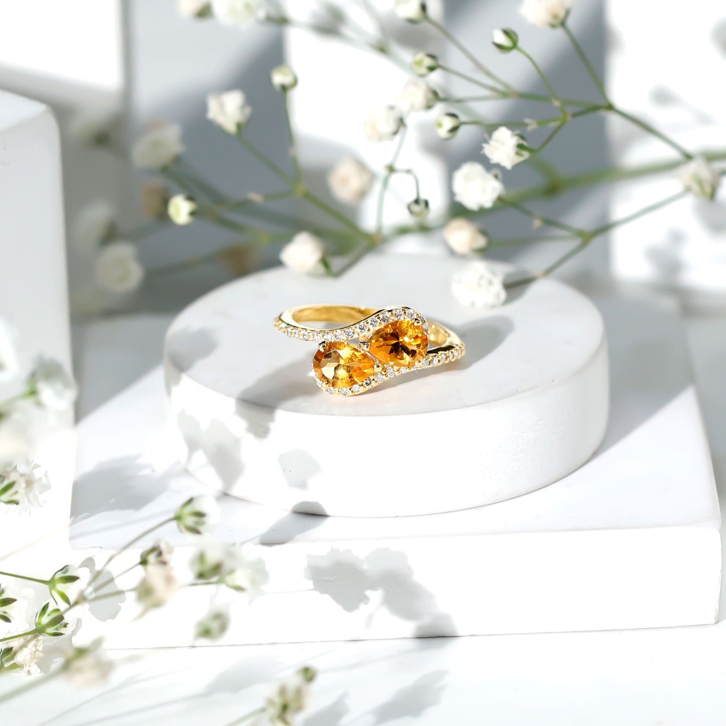 Pear Shape Citrine Two Stone Engagement Ring with Diamond