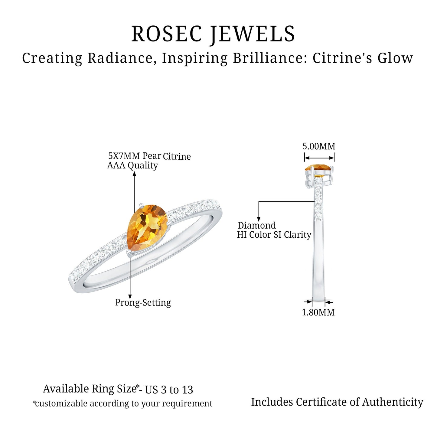 Natural Pear Shape Citrine Engagement Ring with Diamond