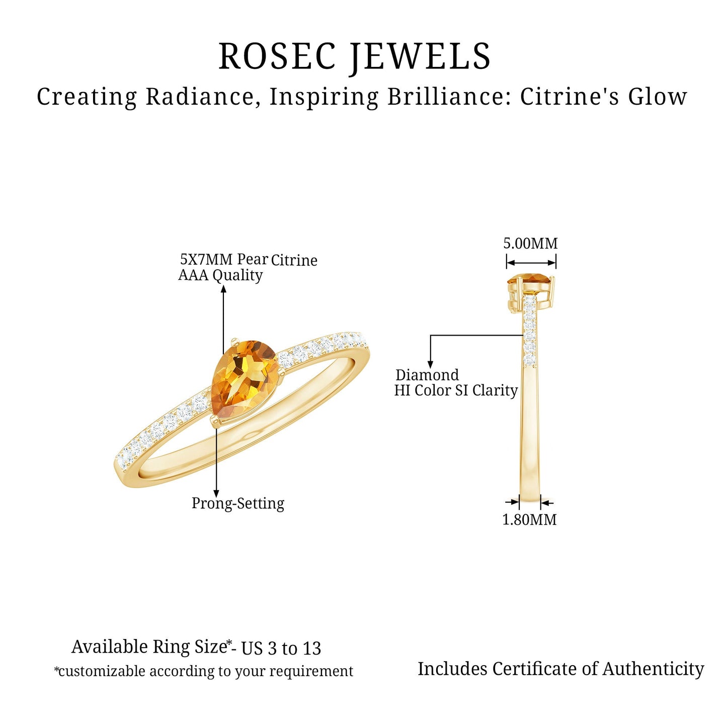 Natural Pear Shape Citrine Engagement Ring with Diamond