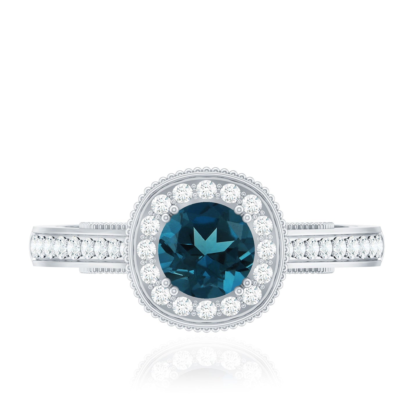 Vintage Looking London Blue Topaz Engagement Ring with Diamond Halo
