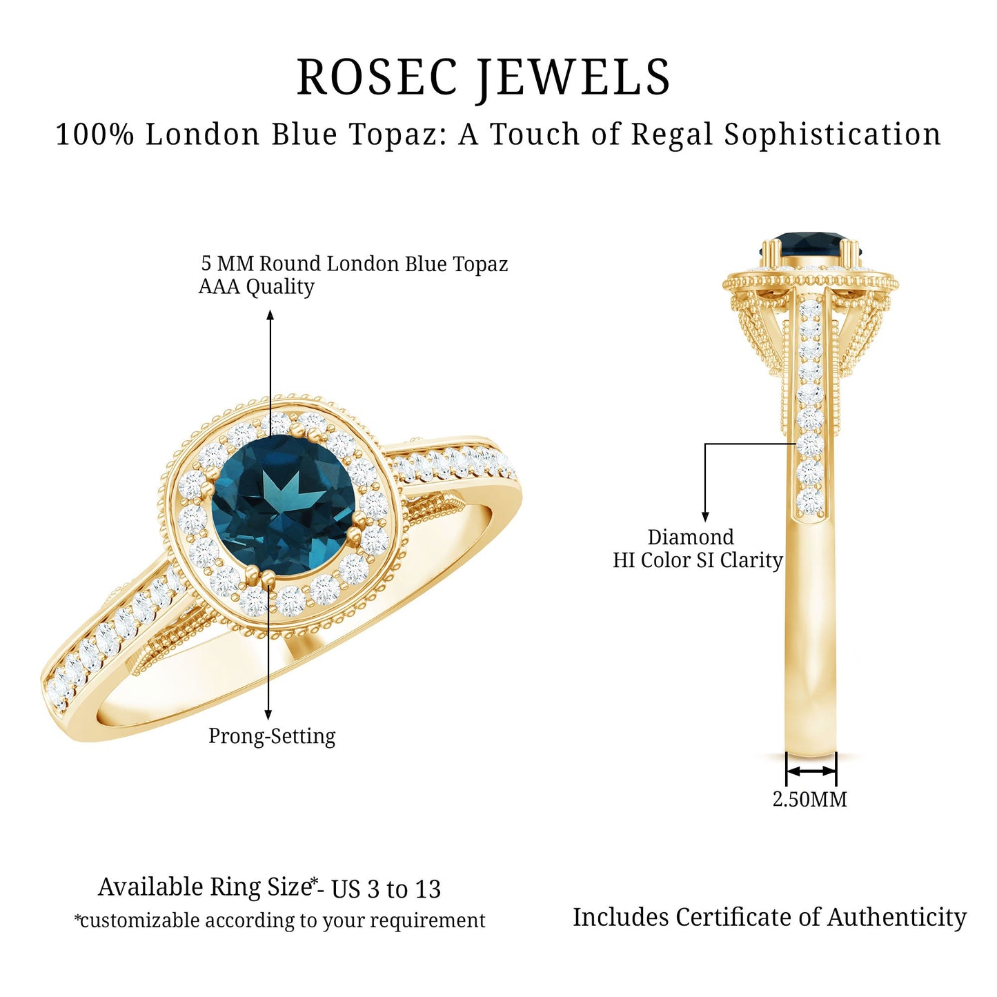 Vintage Looking London Blue Topaz Engagement Ring with Diamond Halo