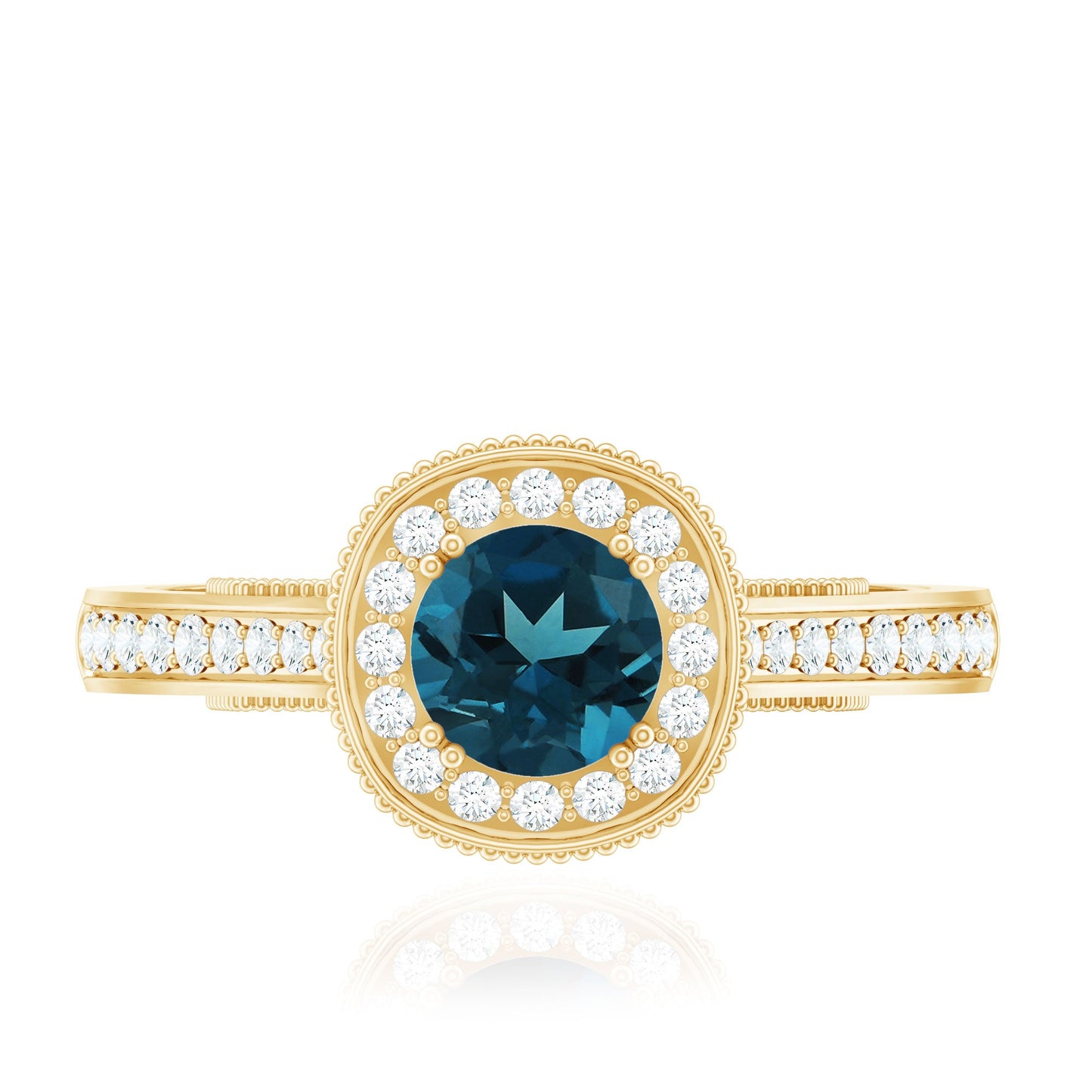 Vintage Looking London Blue Topaz Engagement Ring with Diamond Halo