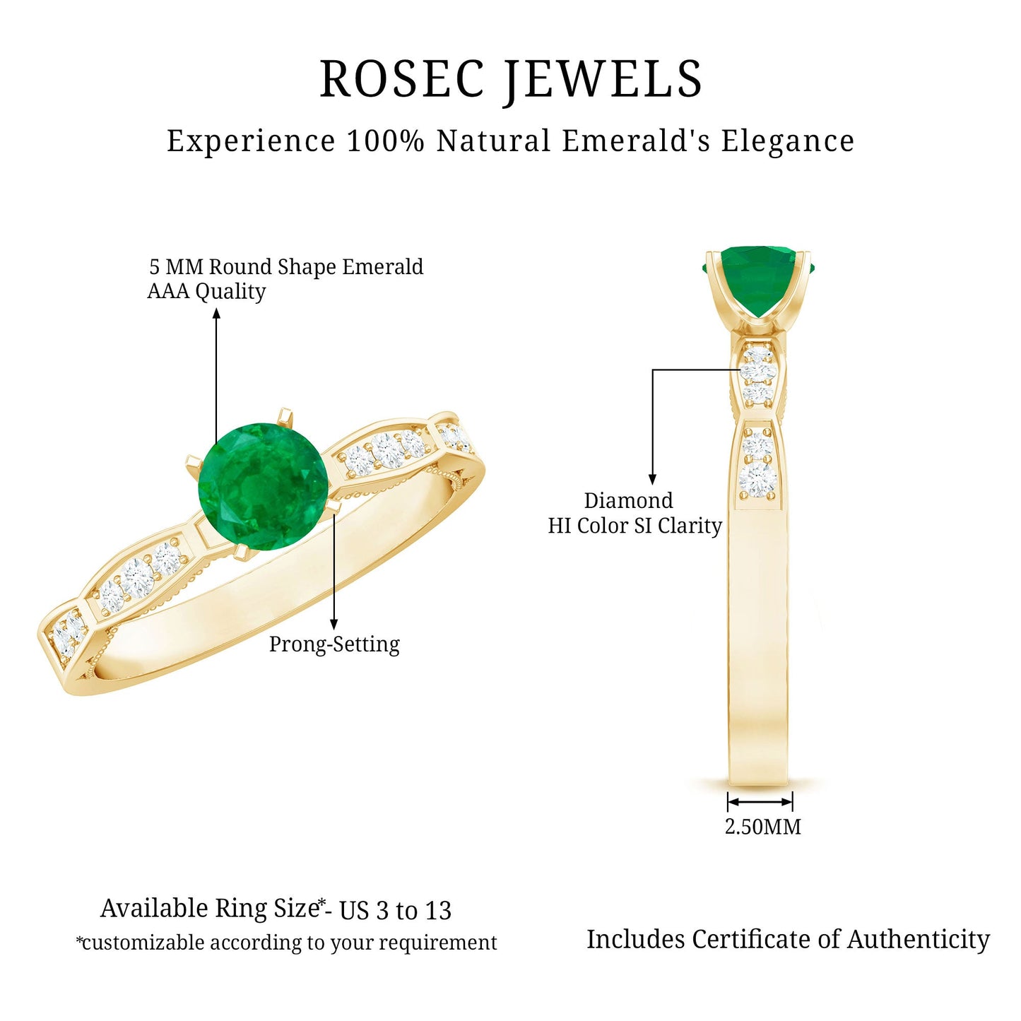AAA Quality Emerald Solitaire Promise Ring with Diamond