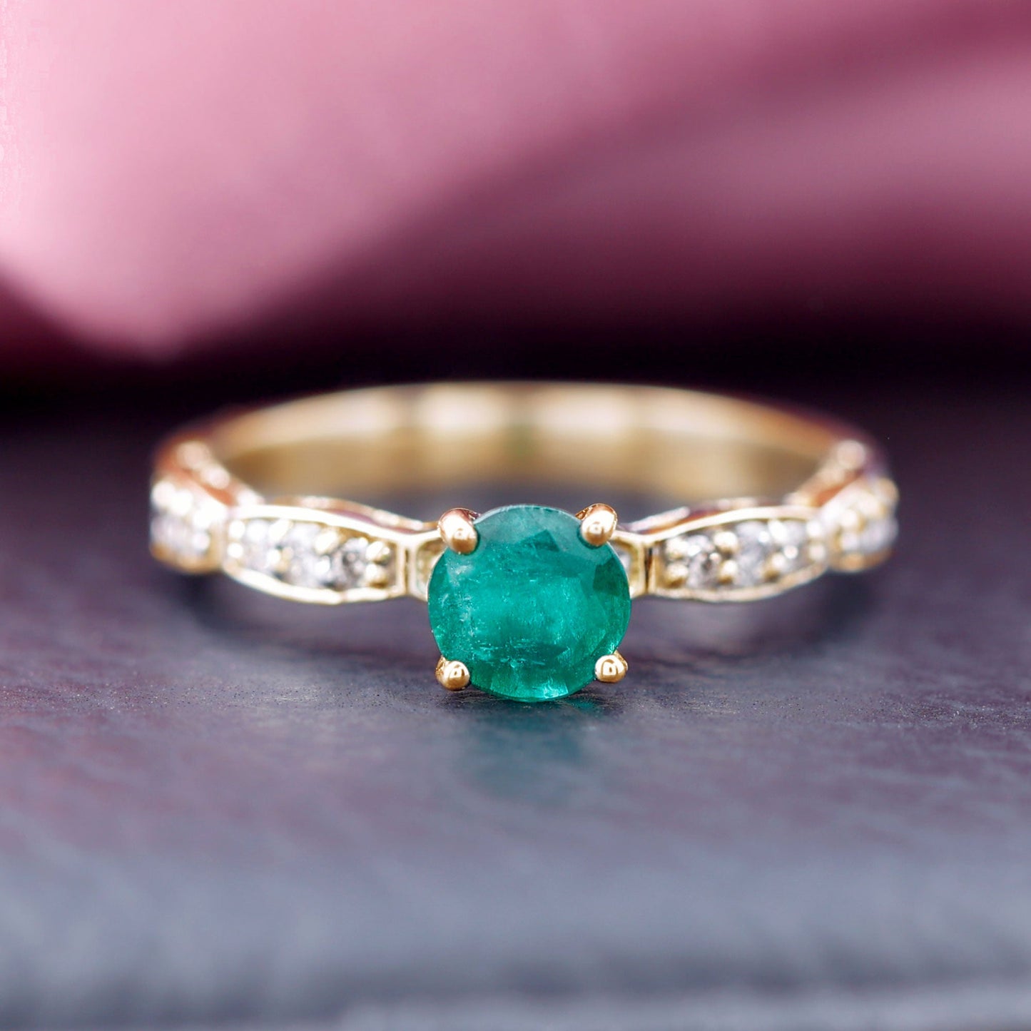 AAA Quality Emerald Solitaire Promise Ring with Diamond