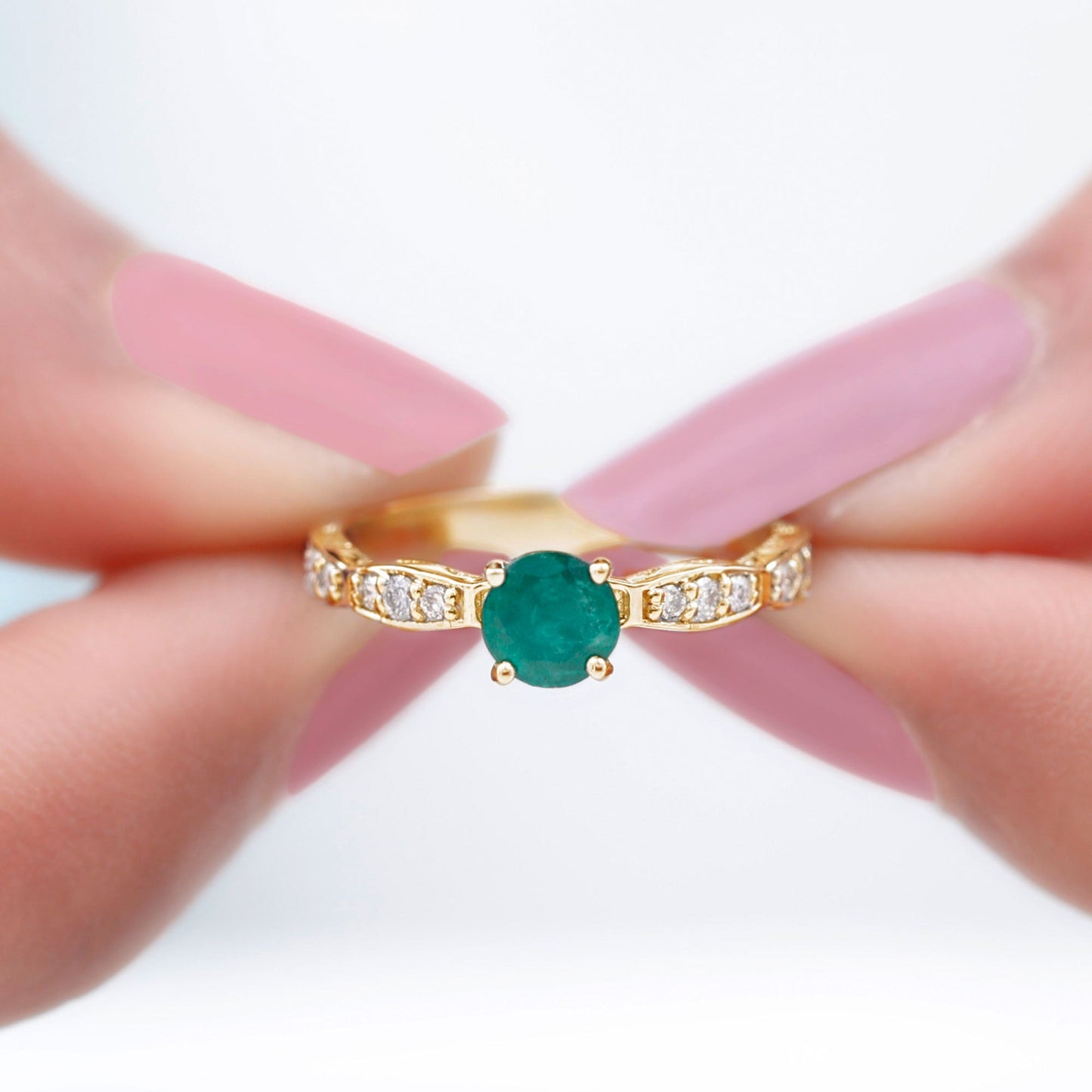 AAA Quality Emerald Solitaire Promise Ring with Diamond
