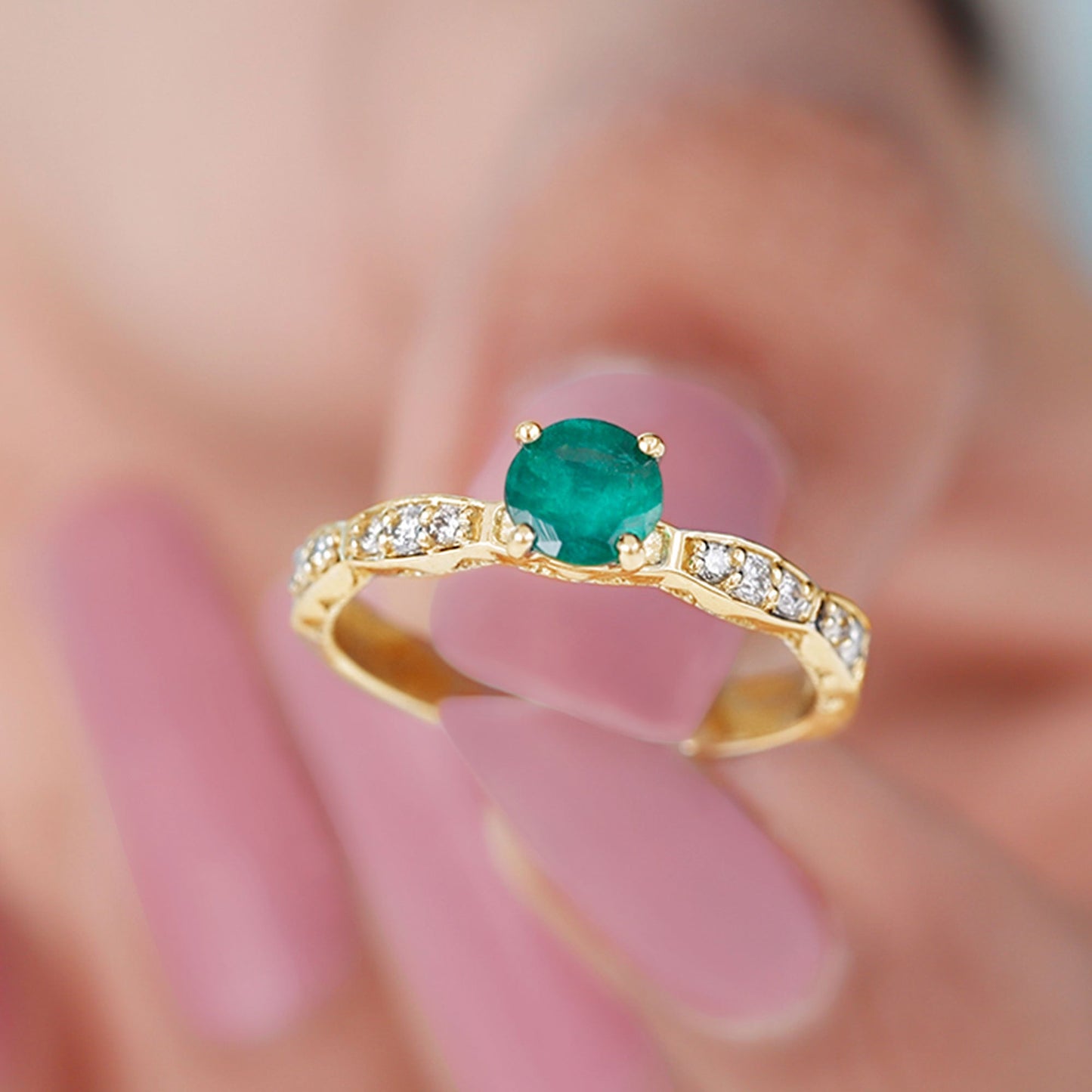 AAA Quality Emerald Solitaire Promise Ring with Diamond
