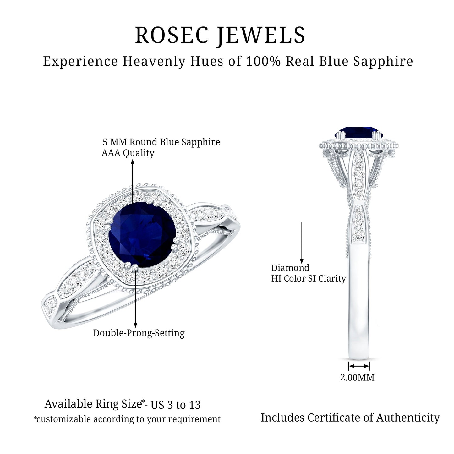 Round 0.9 Carat Blue Sapphire Antique Engagement Ring with Diamond Halo