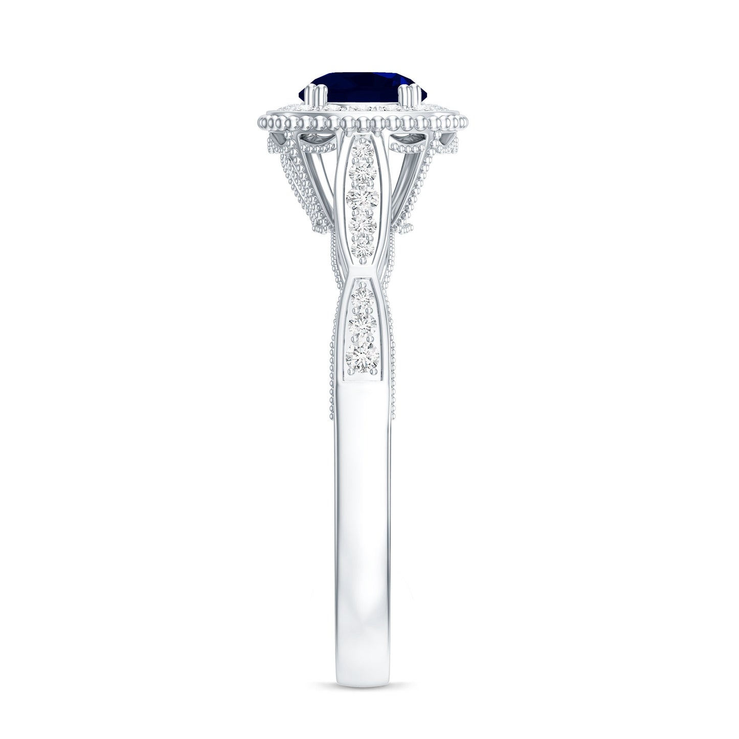 Round 0.9 Carat Blue Sapphire Antique Engagement Ring with Diamond Halo