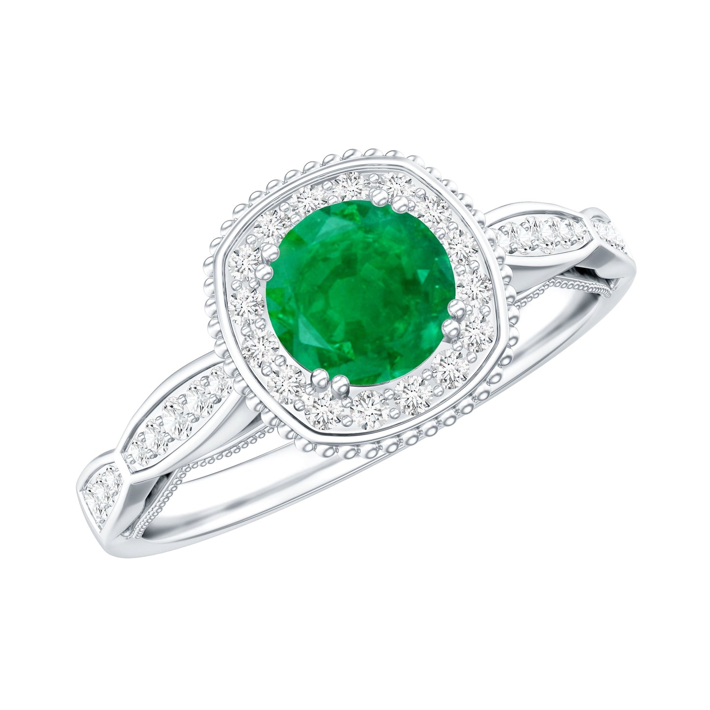 Emerald Vintage Looking Engagement Ring with Diamond Halo