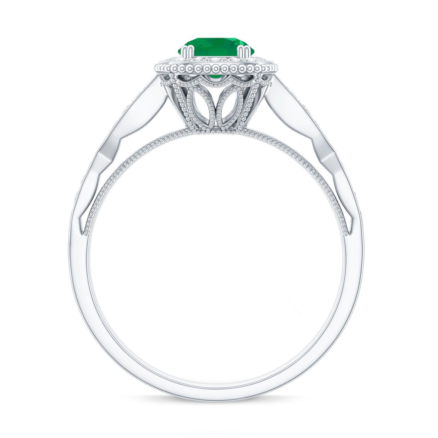 Emerald Vintage Looking Engagement Ring with Diamond Halo