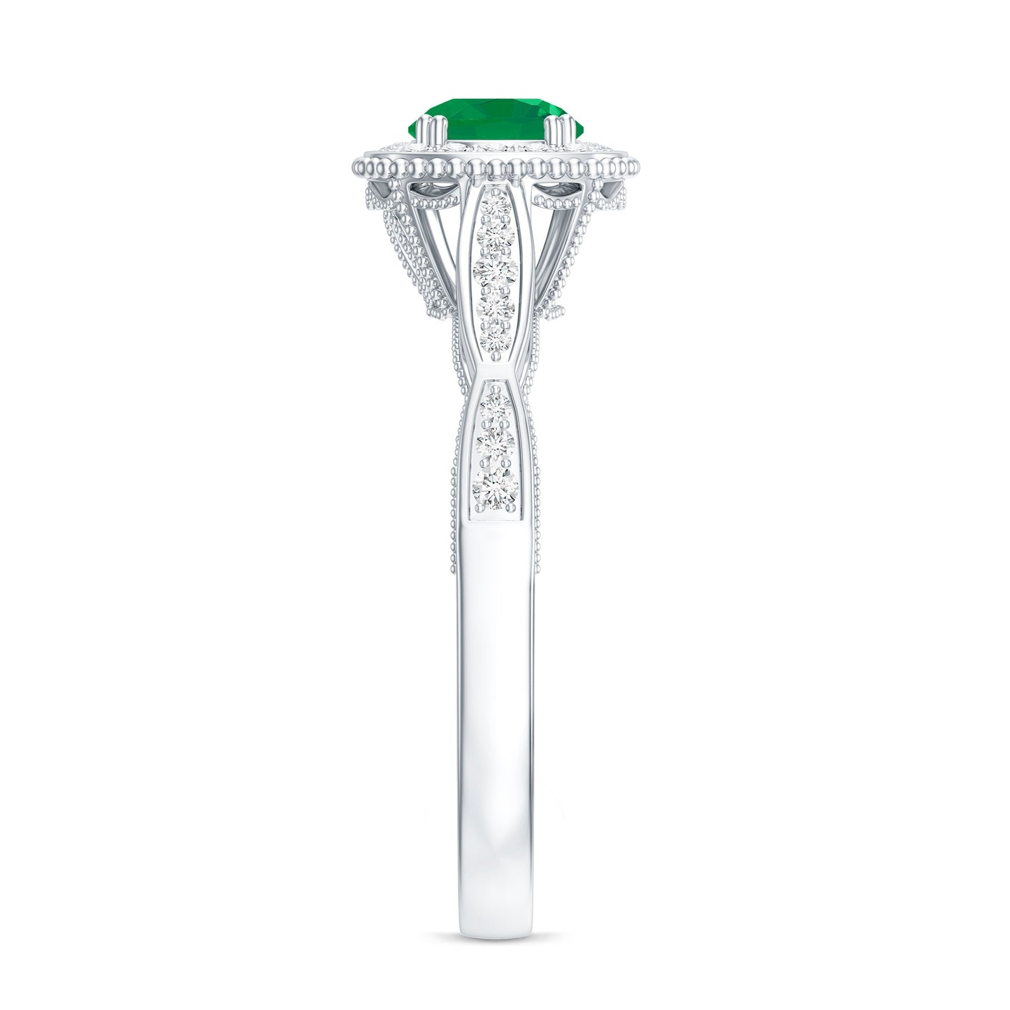 Emerald Vintage Looking Engagement Ring with Diamond Halo