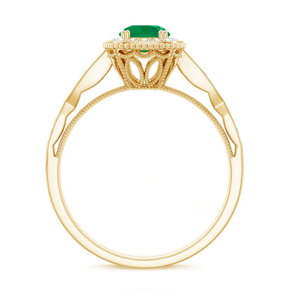 Emerald Vintage Looking Engagement Ring with Diamond Halo