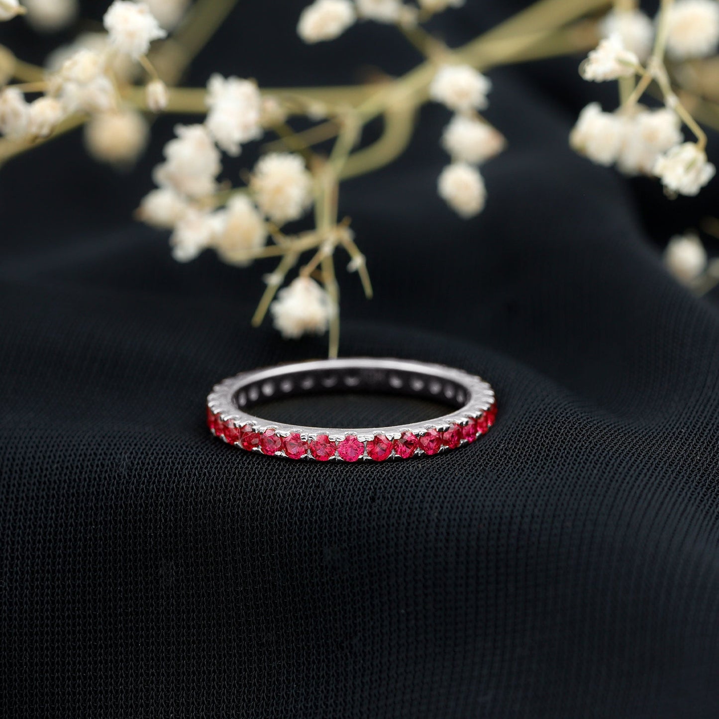 French Pave Set Lab Grown Ruby Stackable Eternity Band