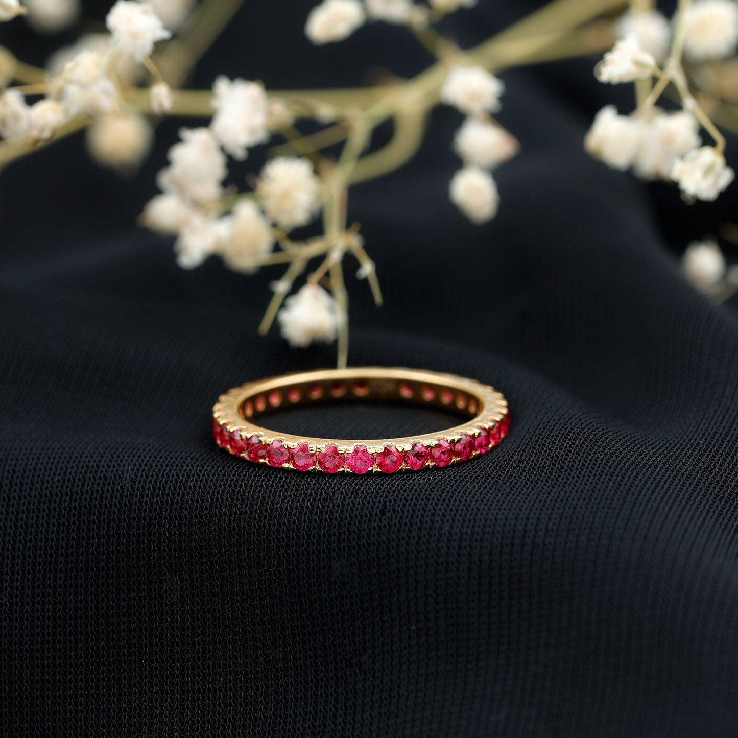 French Pave Set Lab Grown Ruby Stackable Eternity Band