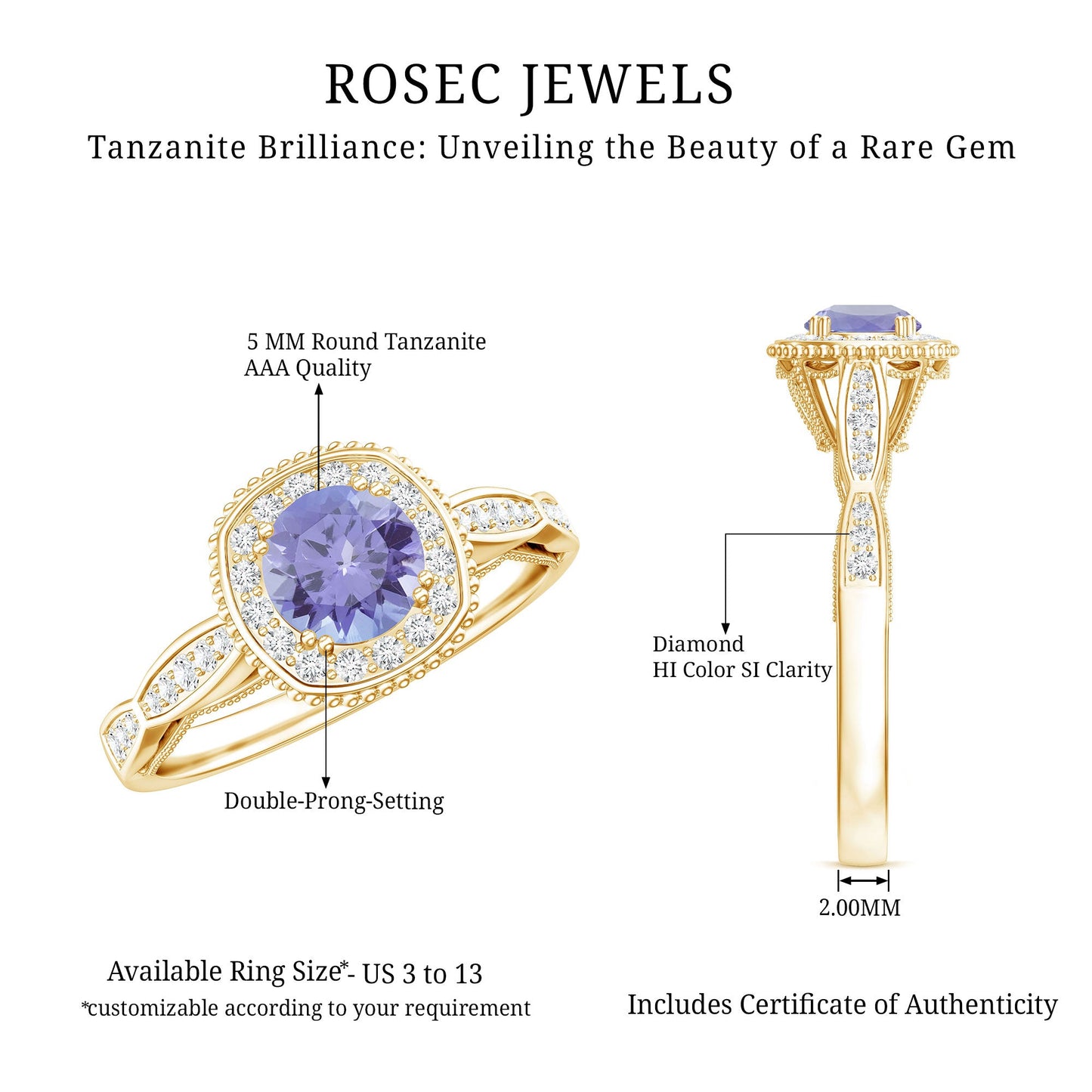 Vintage Style Tanzanite Engagement Ring with Diamond Halo for Women