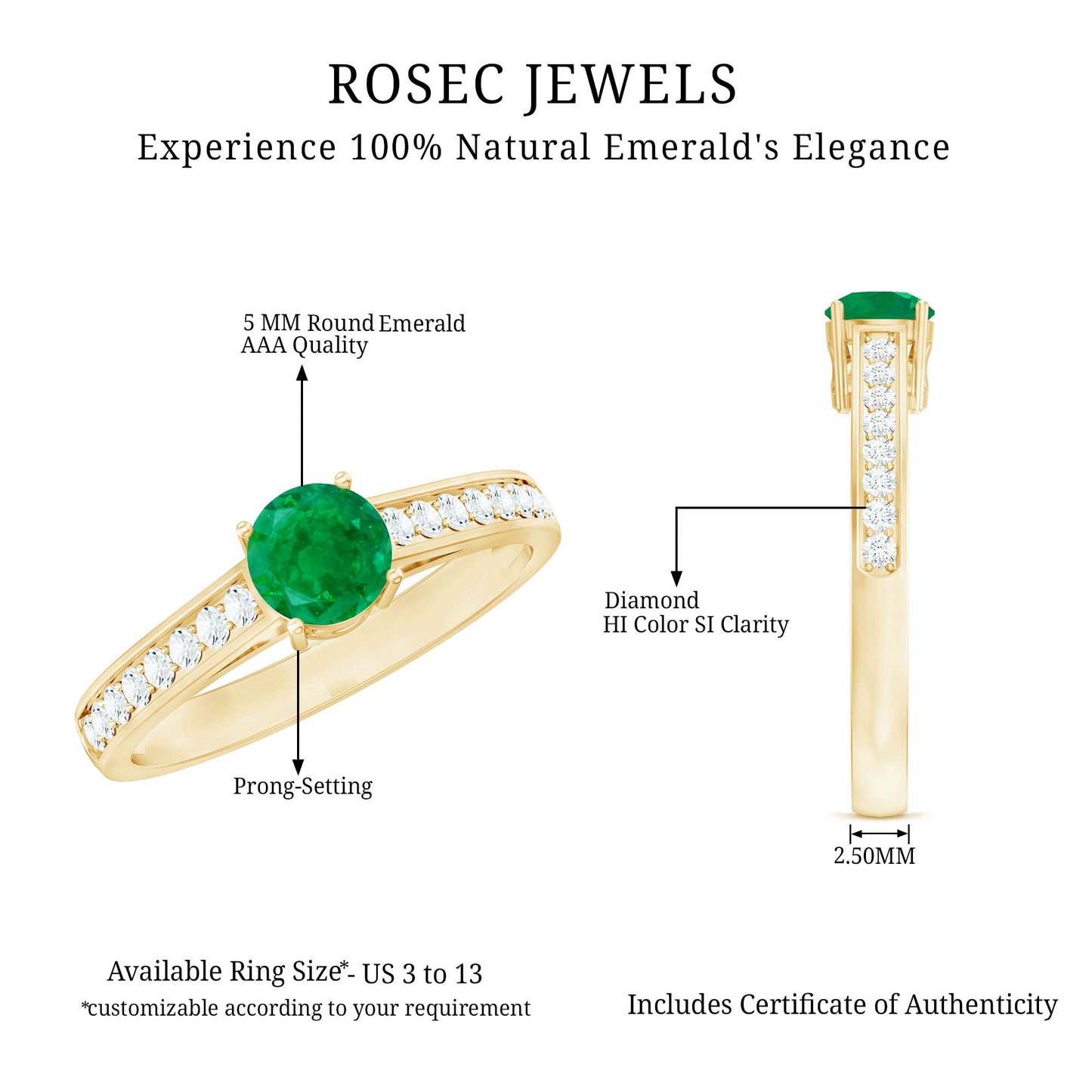 0.4 Carat Genuine Emerald Solitaire Engagement Ring with Diamond Side Stones