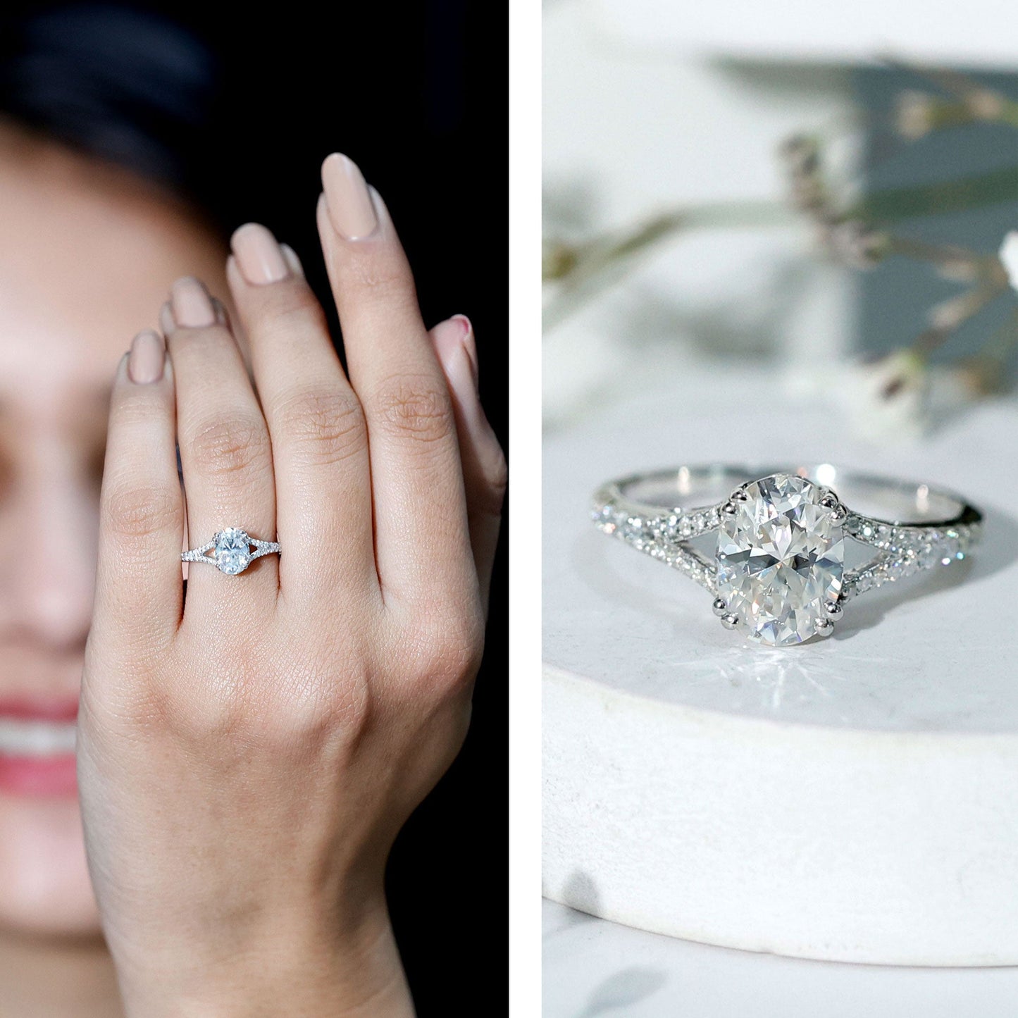Certified Moissanite Oblong Engagement Ring with Split Shank