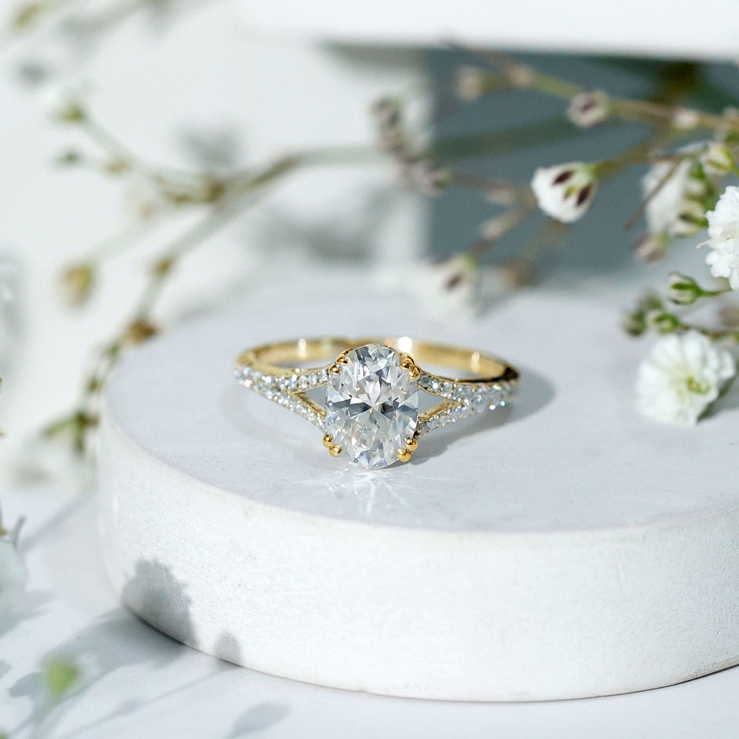 Certified Moissanite Oblong Engagement Ring with Split Shank