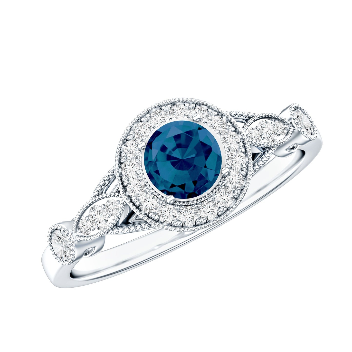 0.6 Carat London Blue Topaz Antique Engagement Ring with Diamond Halo