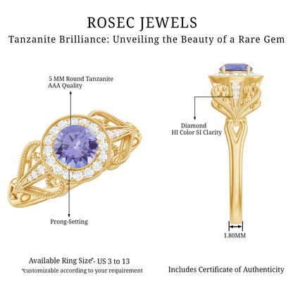 Natural Tanzanite Retro Engagement Ring with Diamond