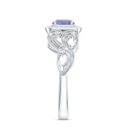 Tanzanite Vintage Looking Engagement Ring with Diamond Halo
