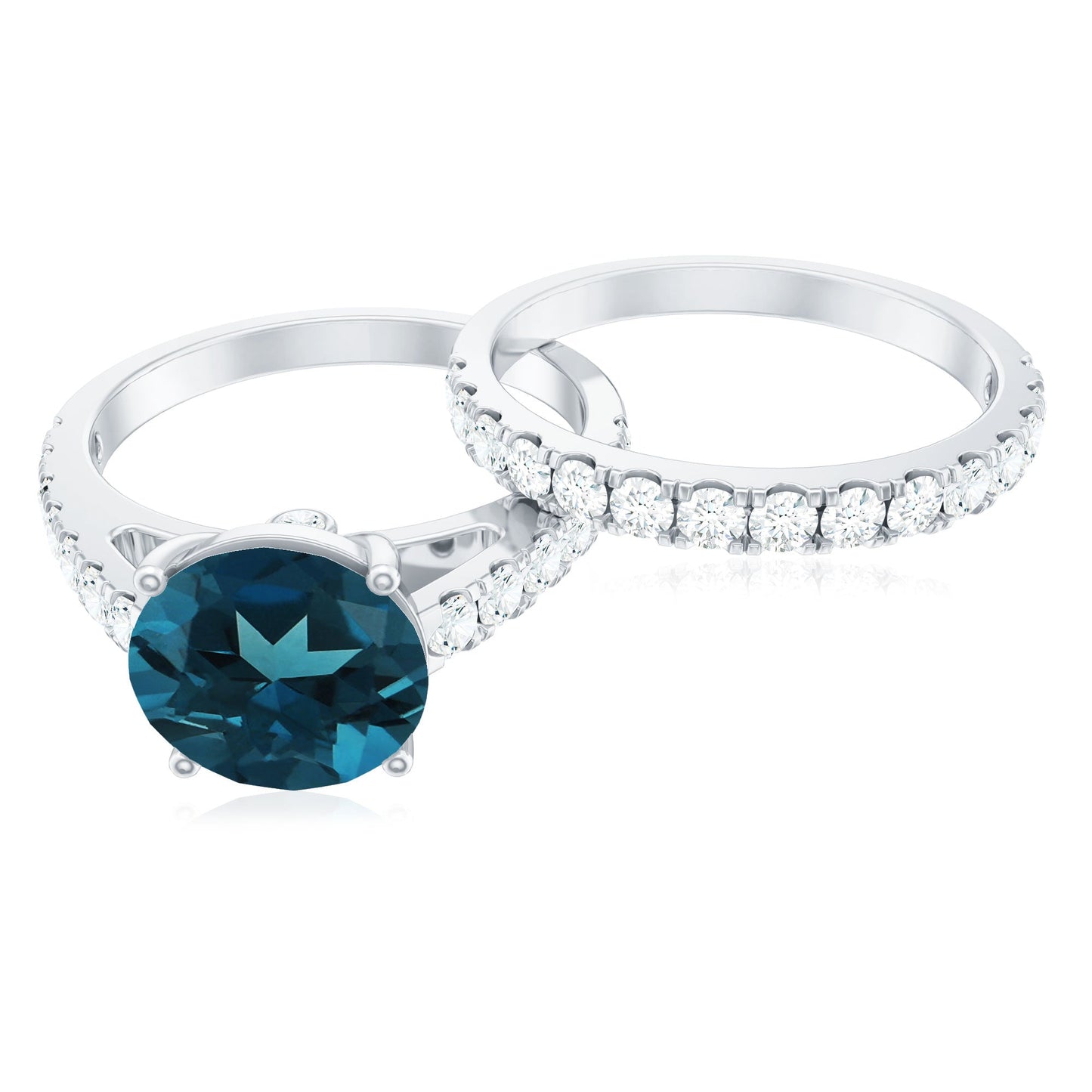 2 Carat Round London Blue Topaz Solitaire Rings Set with Moissanite Band
