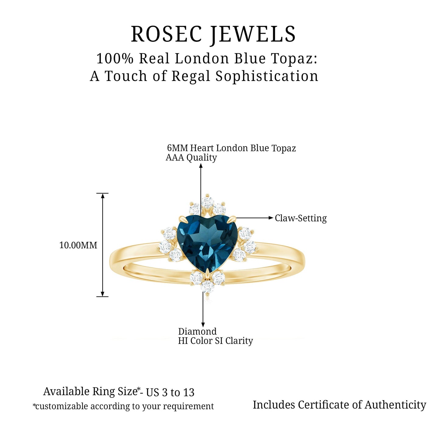 2 Carat Heart London Blue Topaz Engagement Ring with Diamond