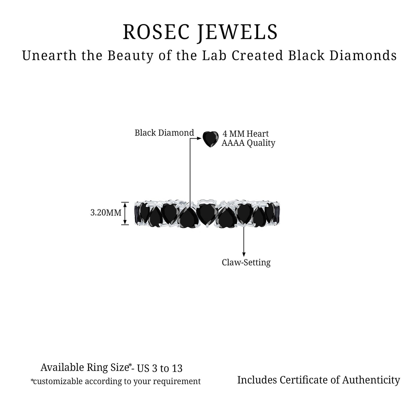 Certified Lab Grown Black Diamond Heart Eternity Ring for Women